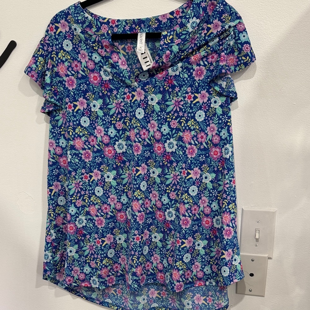 Floral Ruffle Sleeve Blouse - Blue & Pink Floral